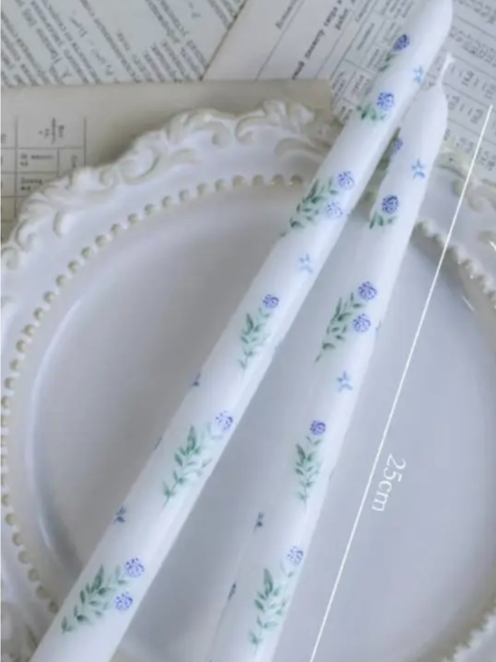 Hand-Painted White Taper Candles with Blue Floral & Green Leaf Motif